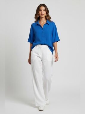 Eileen Fisher Blue Double Gauze Button Front Short Sleeve Shirt Coastal Large